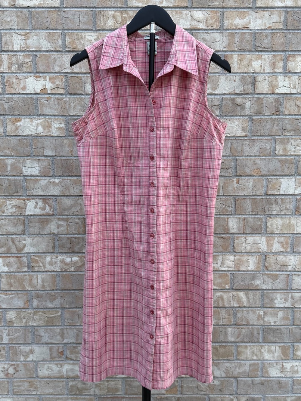 Vintage 90s Cherokee Pink Plaid Sleeveless Button Front Shirt Dress Size M